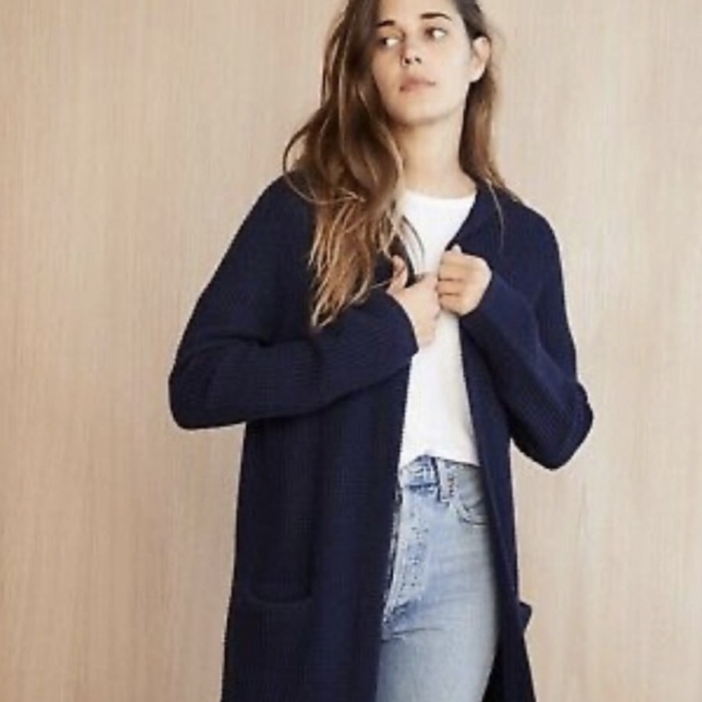 Jenni Kayne Cashmere Wool Waffle Knit Cardigan Sweater Navy Blue XS